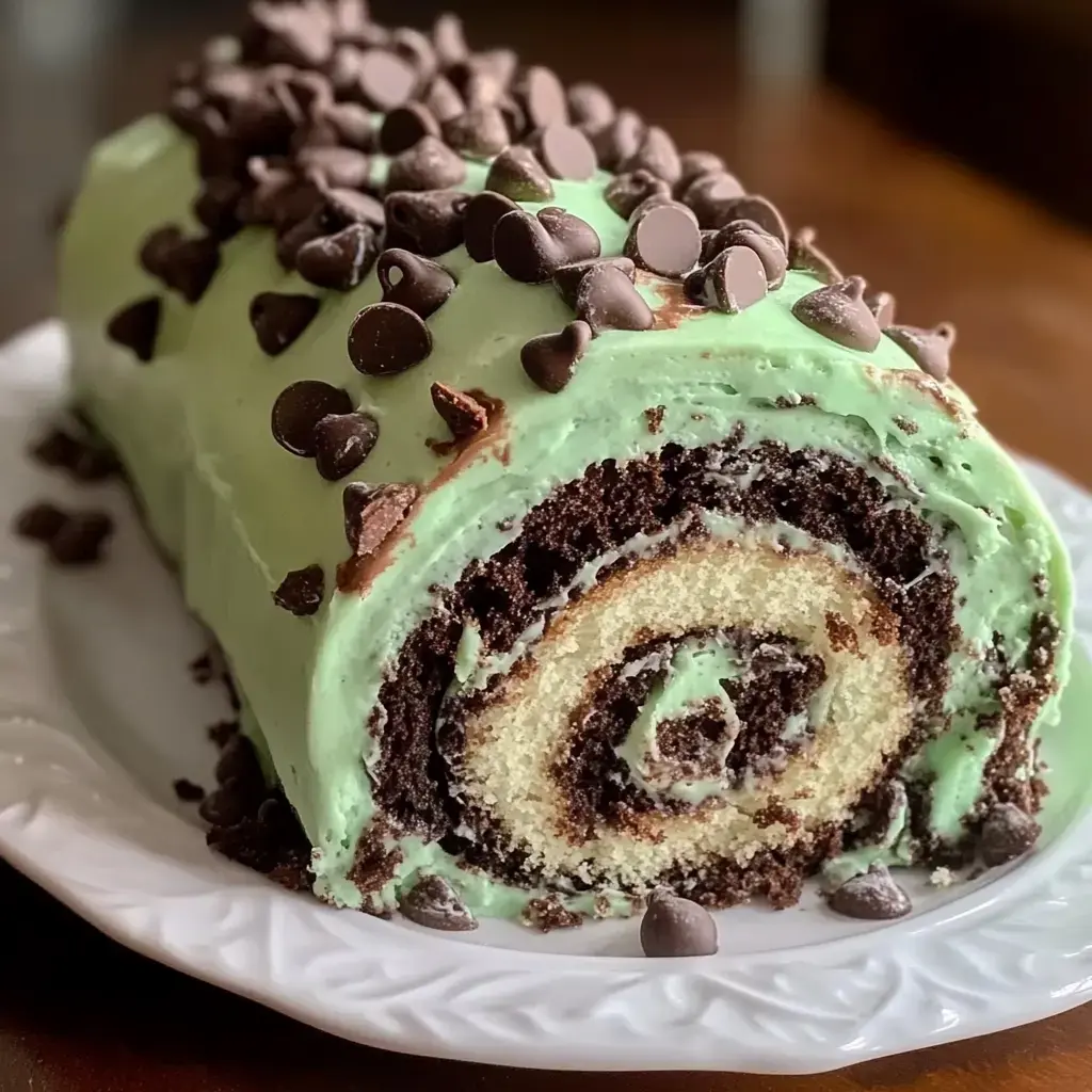 A fluffy chocolate roll filled with mint cream and topped with chocolate drizzle, sitting on a white plate.
