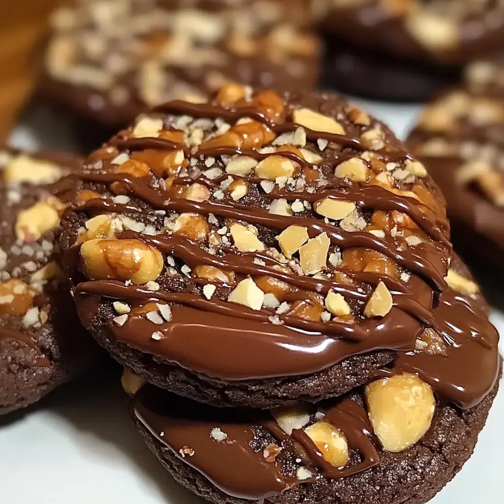 Close look at gooey chocolate cookies with hazelnuts and chocolate drizzle.
