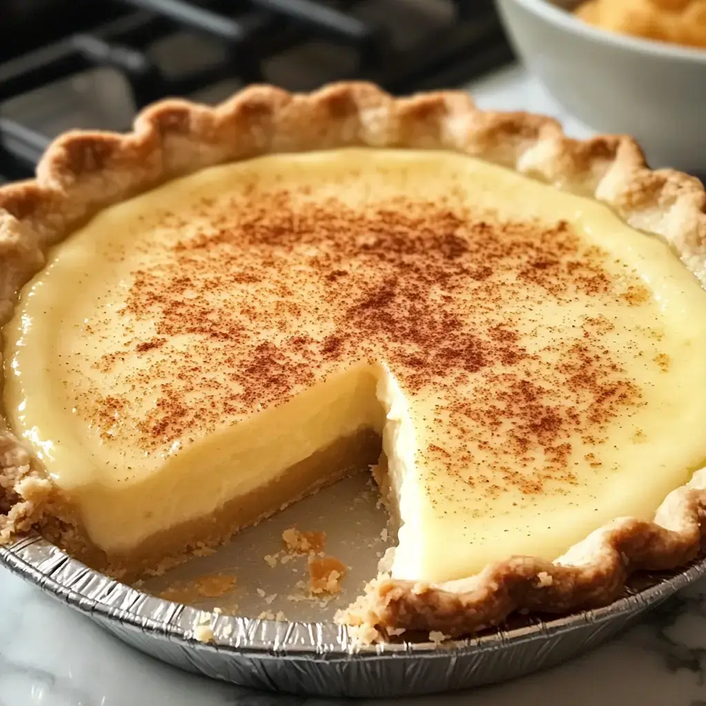 Golden-crusted pie with creamy filling and cinnamon, a slice removed to show its texture.