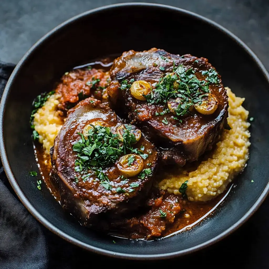 Tender veal on soft polenta, drizzled with savory sauce and sprinkled with fresh green herbs, all in a comforting bowl.