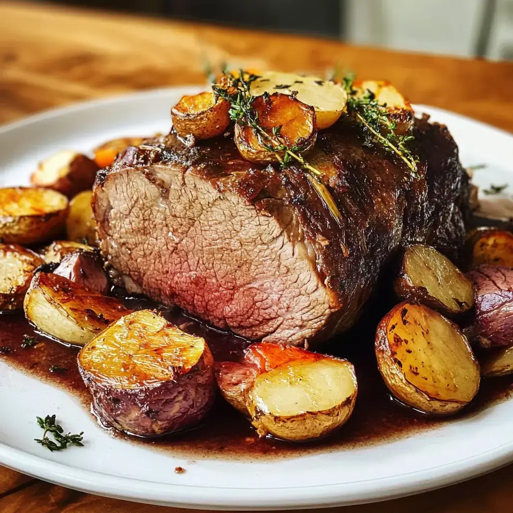 A perfectly cooked beef roast sits on a white plate with sprigs of thyme and colorful roasted potatoes on the side.