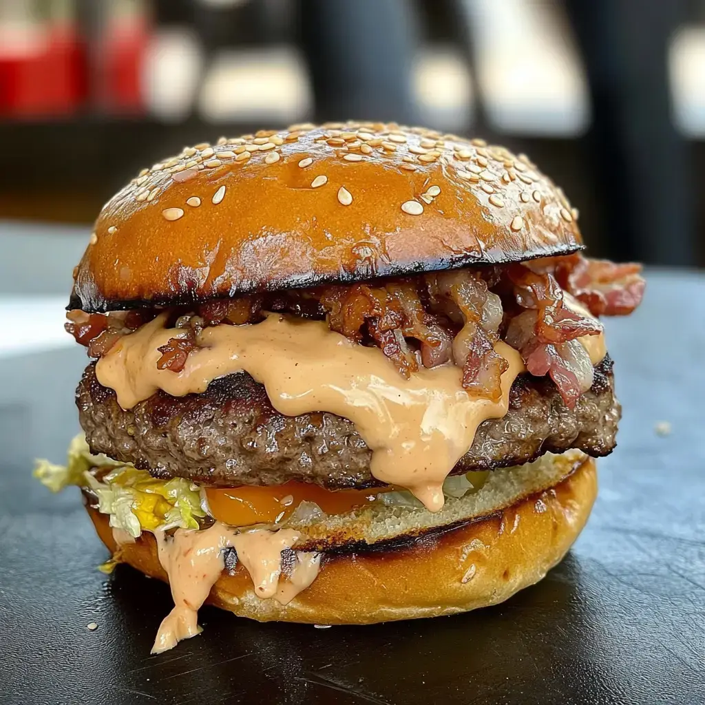 A juicy burger with melted cheese, bacon and creamy sauce on a sesame seed bun, placed on a dark surface.