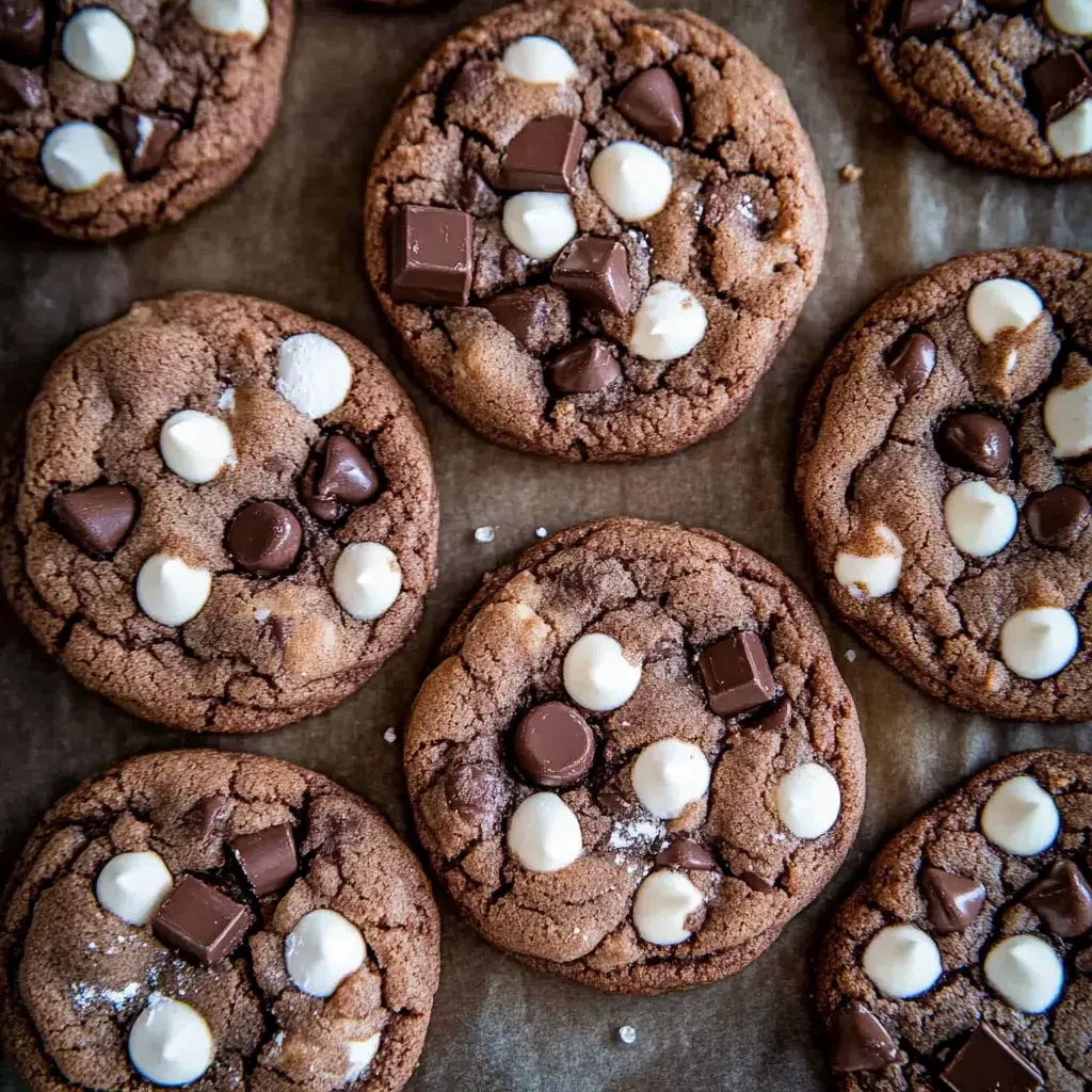 Chocolate cookies with white and dark chocolate pieces scattered on top, laid out on baking parchment.
