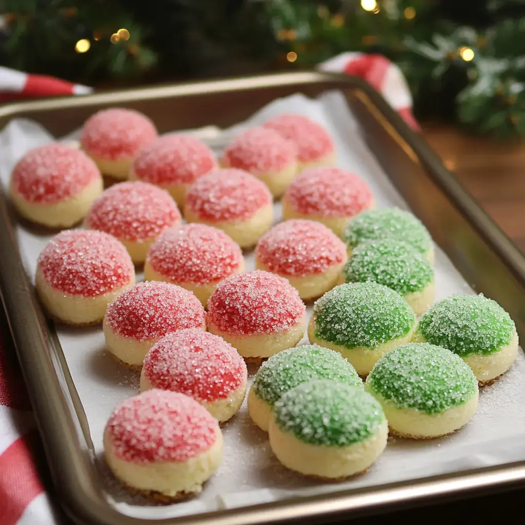 Red and green sugar-dusted cookies sit on a holiday tray, ready for sharing.