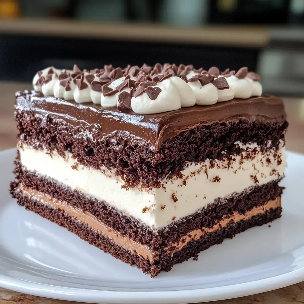 A rich chocolate cake stacked with layers, covered in frosting, cream, and chocolate curls.