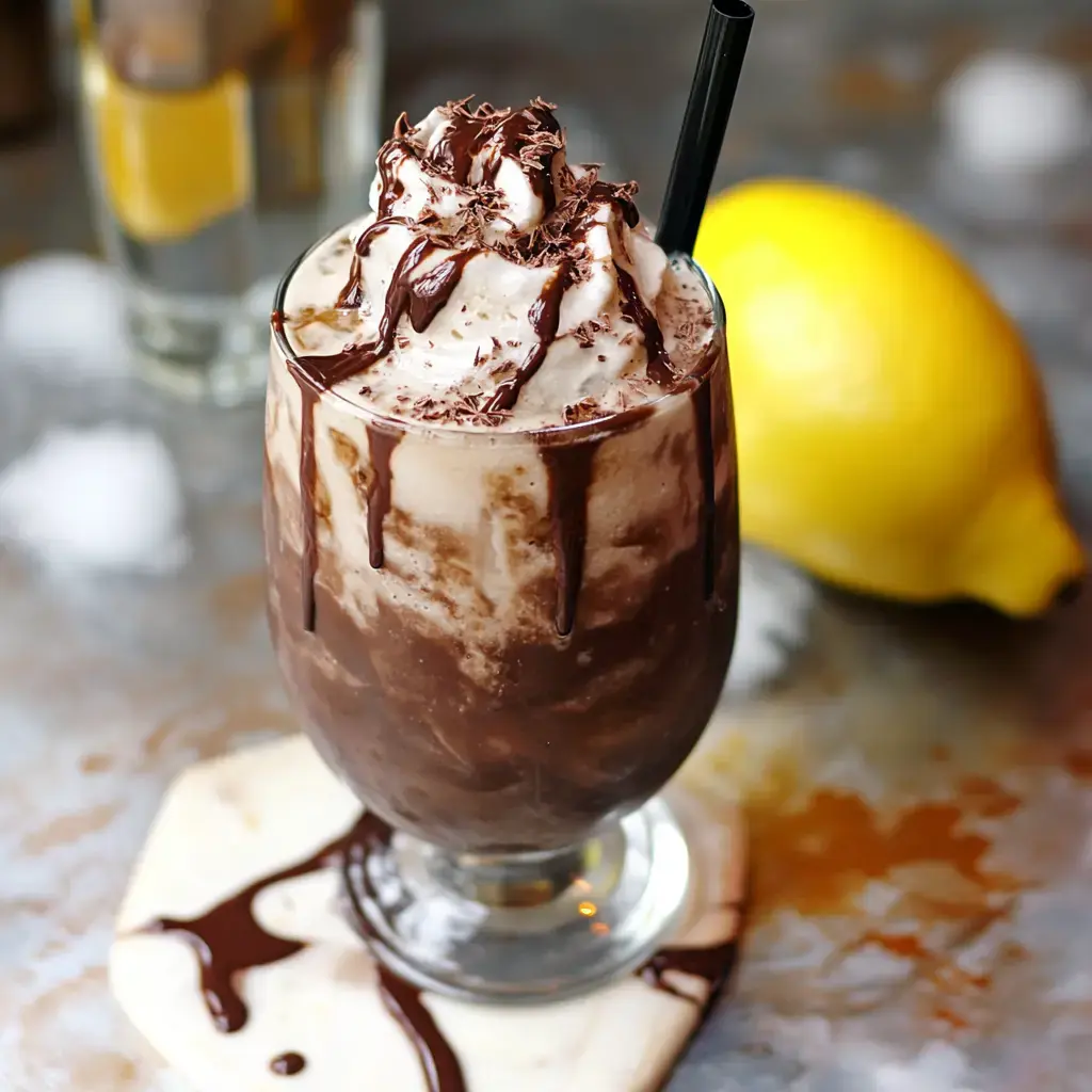 Tall glass filled with a creamy chocolate drink, crowned with fluffy whipped cream and chocolate flakes, with a lemon sitting at the back.