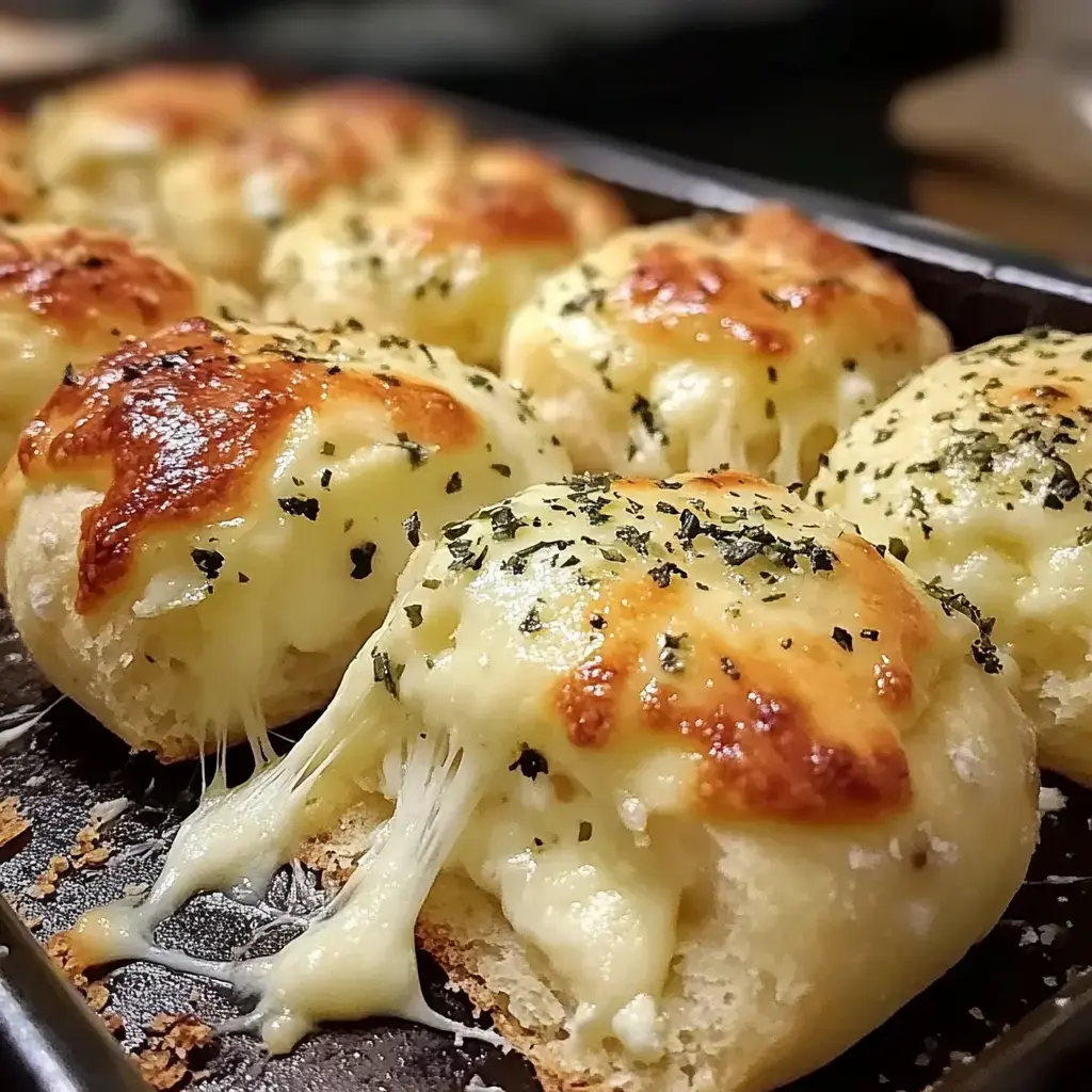 Fluffy, golden cheese-stuffed rolls sprinkled with herbs, cheese stretching out from the center.