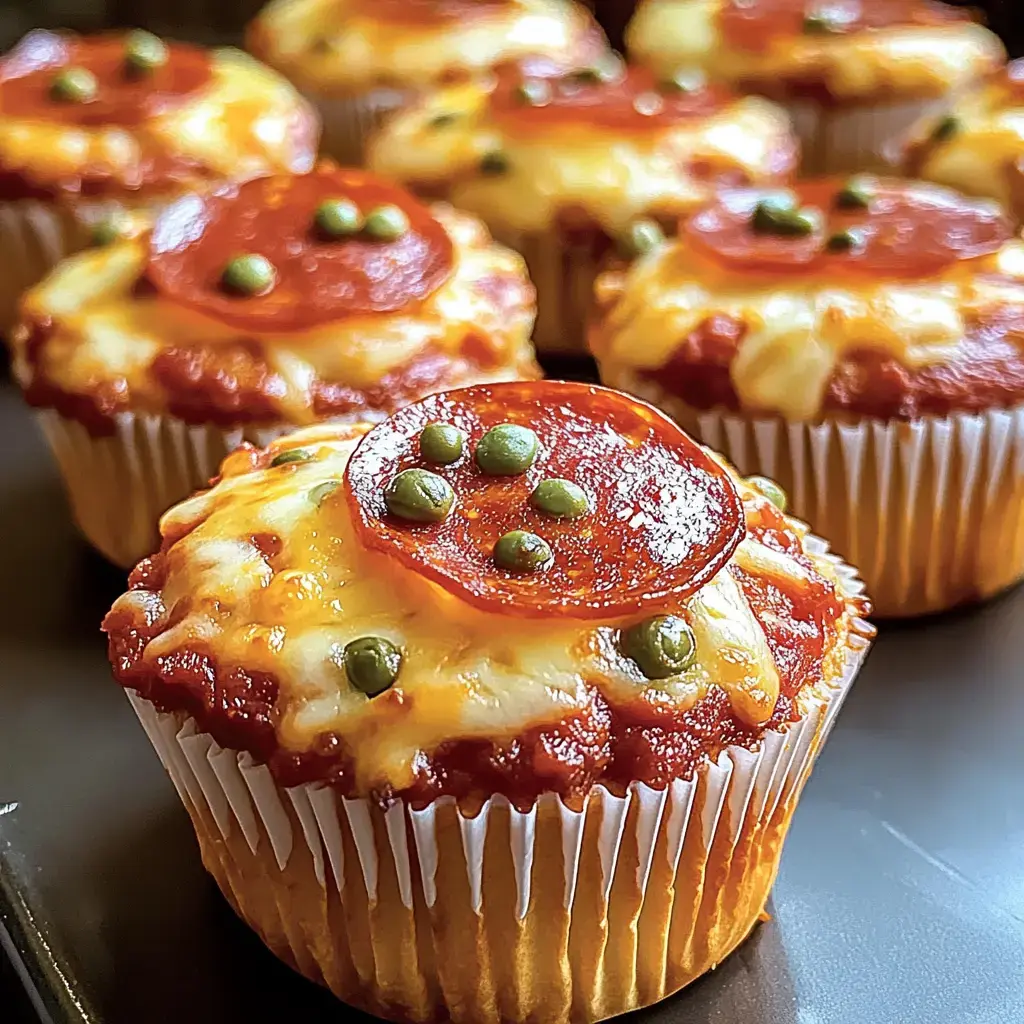 Savory cupcakes piled with gooey cheese, pepperoni, and green peas, all on a dark plate.