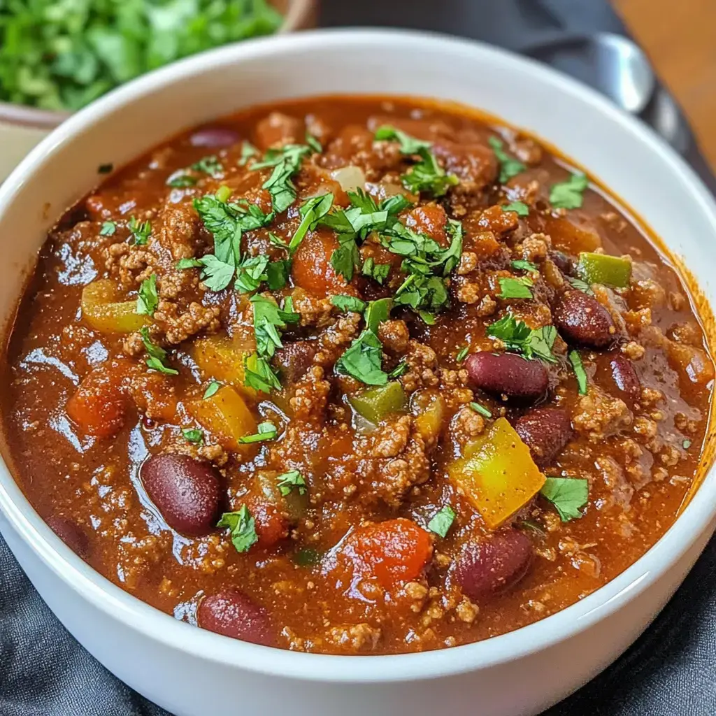 A big bowl piled with chili—there’s ground meat, mixed beans, veggies, and a sprinkle of cilantro on top.