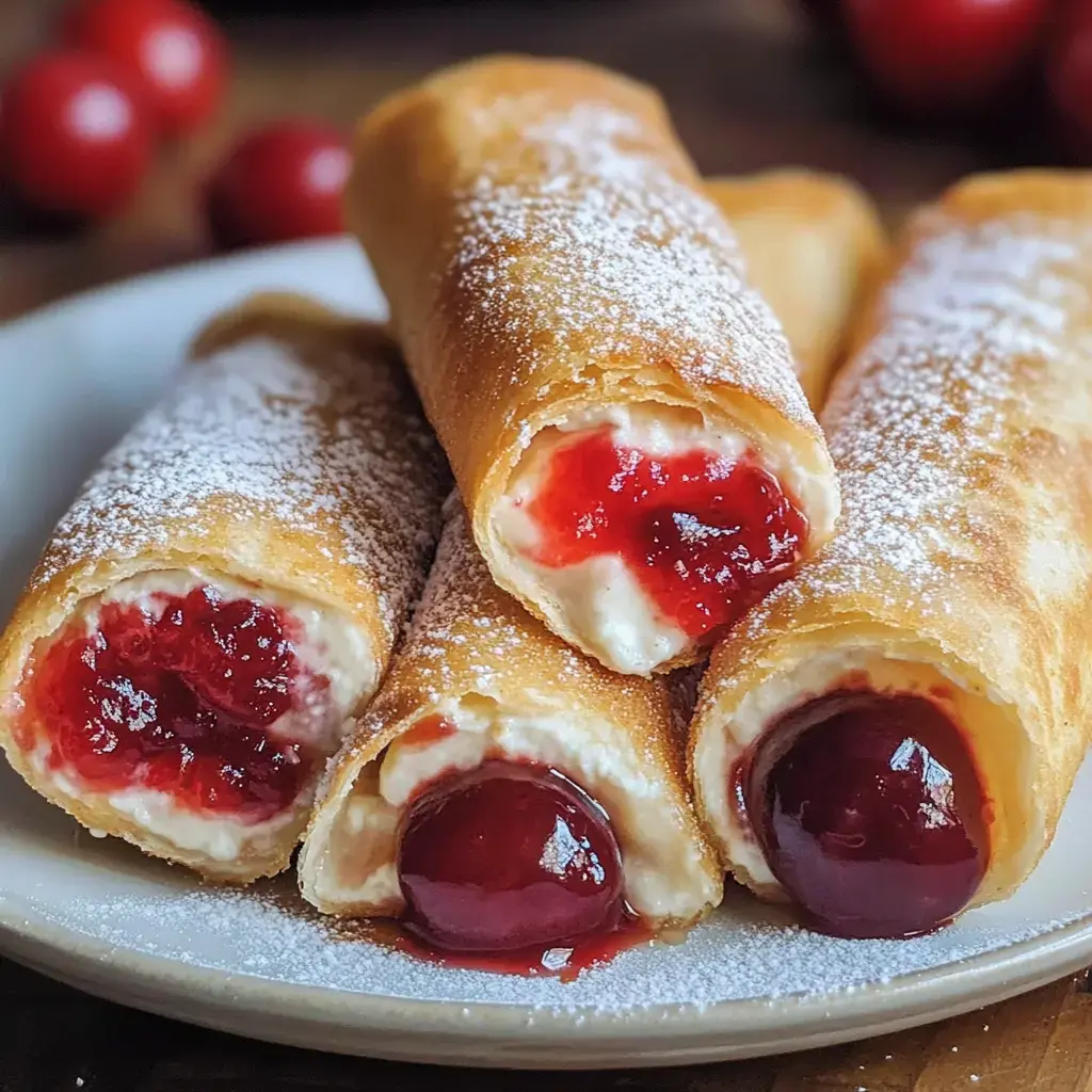 Three rolled dessert pastries filled with cream and fruit preserves, dusted with powdered sugar, arranged on a plate.