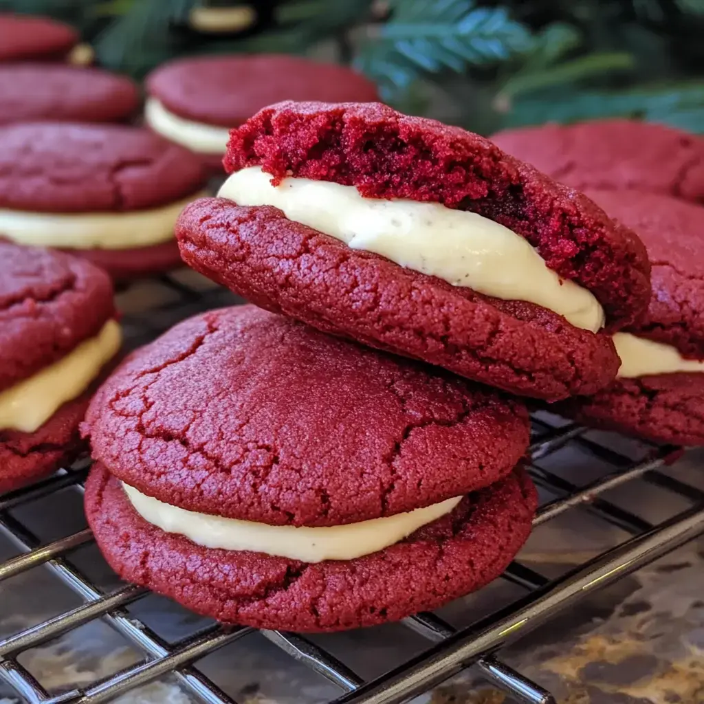 Close-up shot of red velvet cookie sandwiches stuffed with cream filling on a wire rack, festive greens in the background.