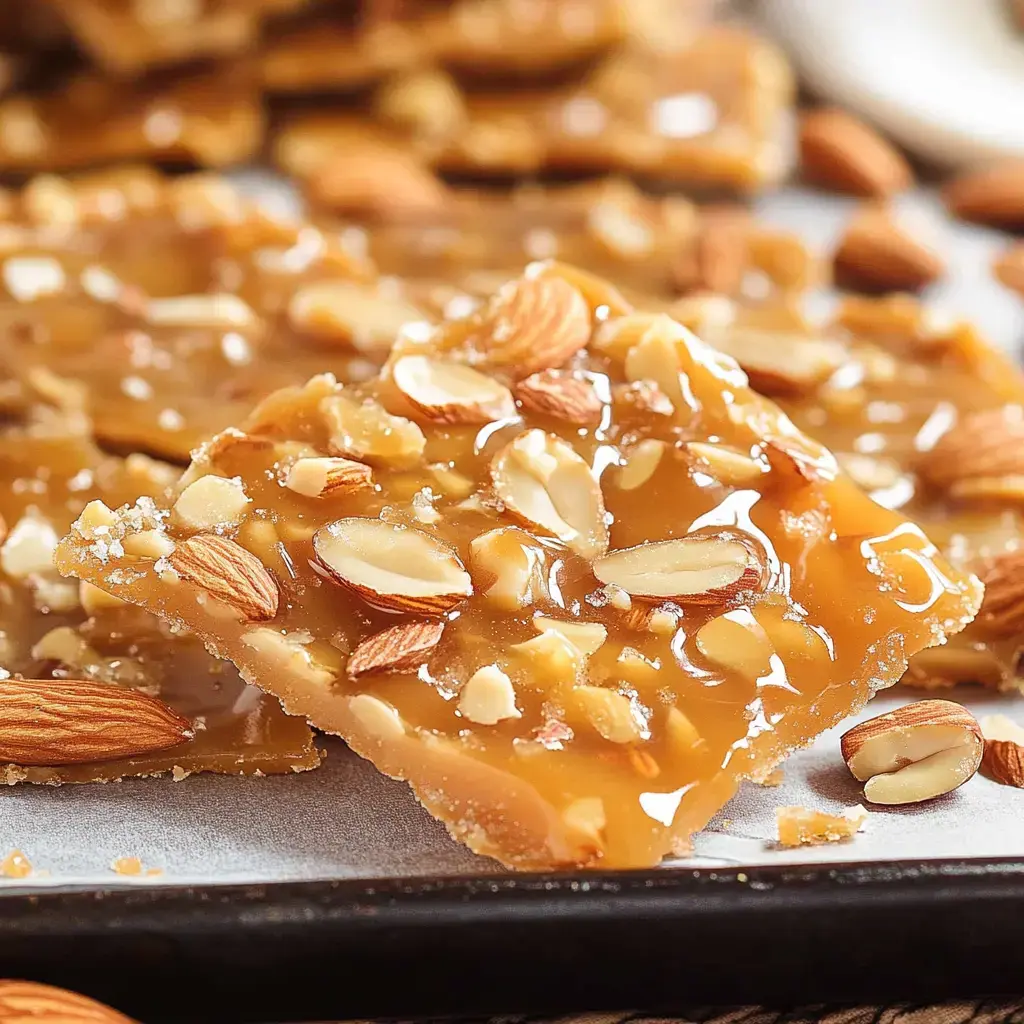 A close-up of a piece of almond toffee candy, topped with sliced almonds, on a baking sheet.