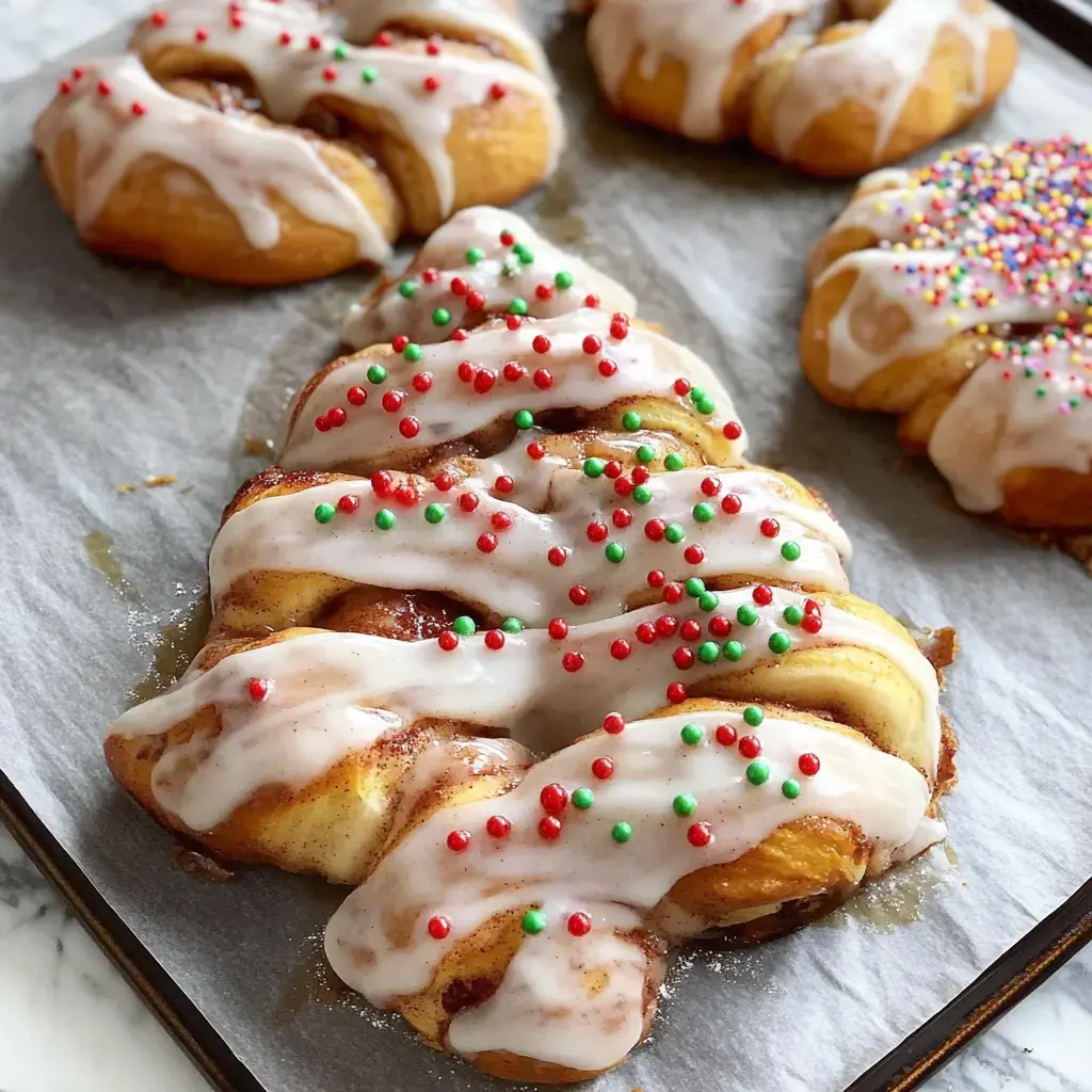 A holiday cinnamon roll designed as a Christmas tree with sweet icing drizzle and colorful red and green sprinkles displayed on a baking tray.