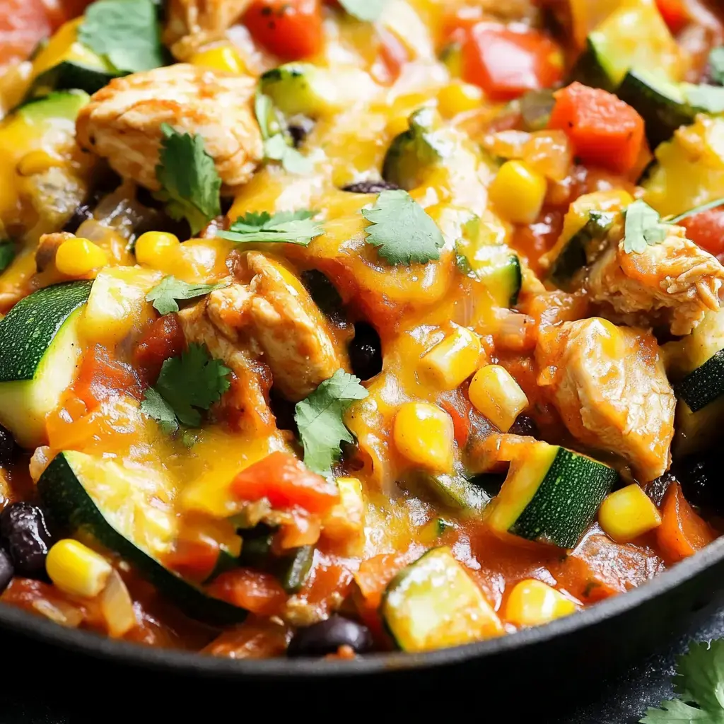 A vibrant, cheesy mix of chicken, zucchini, corn, beans, and tomatoes, finished with fresh cilantro leaves.