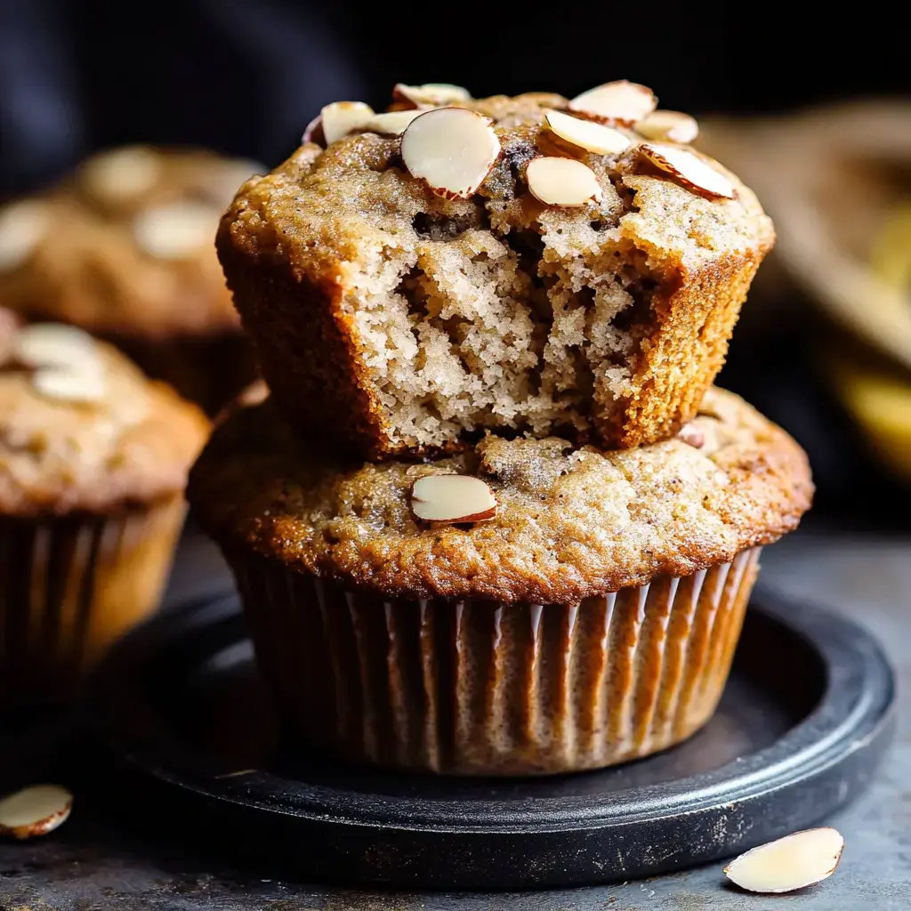 Two muffins topped with almonds on a dark plate, with one torn open to reveal a soft center.