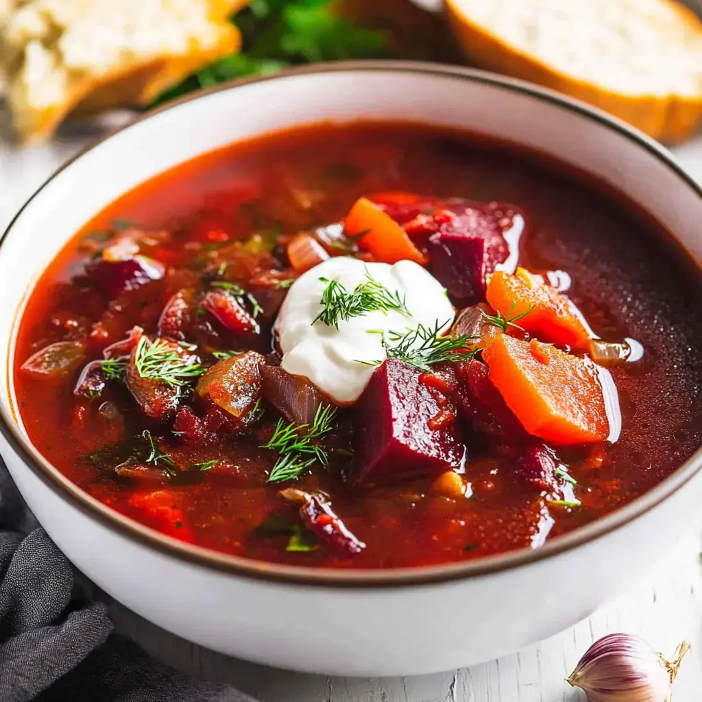 A warm bowl of bright beet soup topped with cream and dill, served alongside rye bread and garlic.