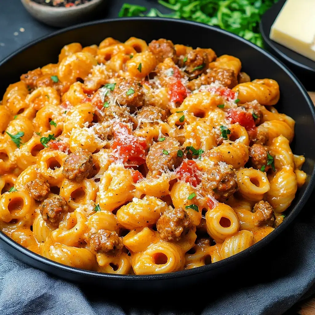Close-up of creamy pasta with sausage, tomatoes, cheese, and parsley in a black bowl.