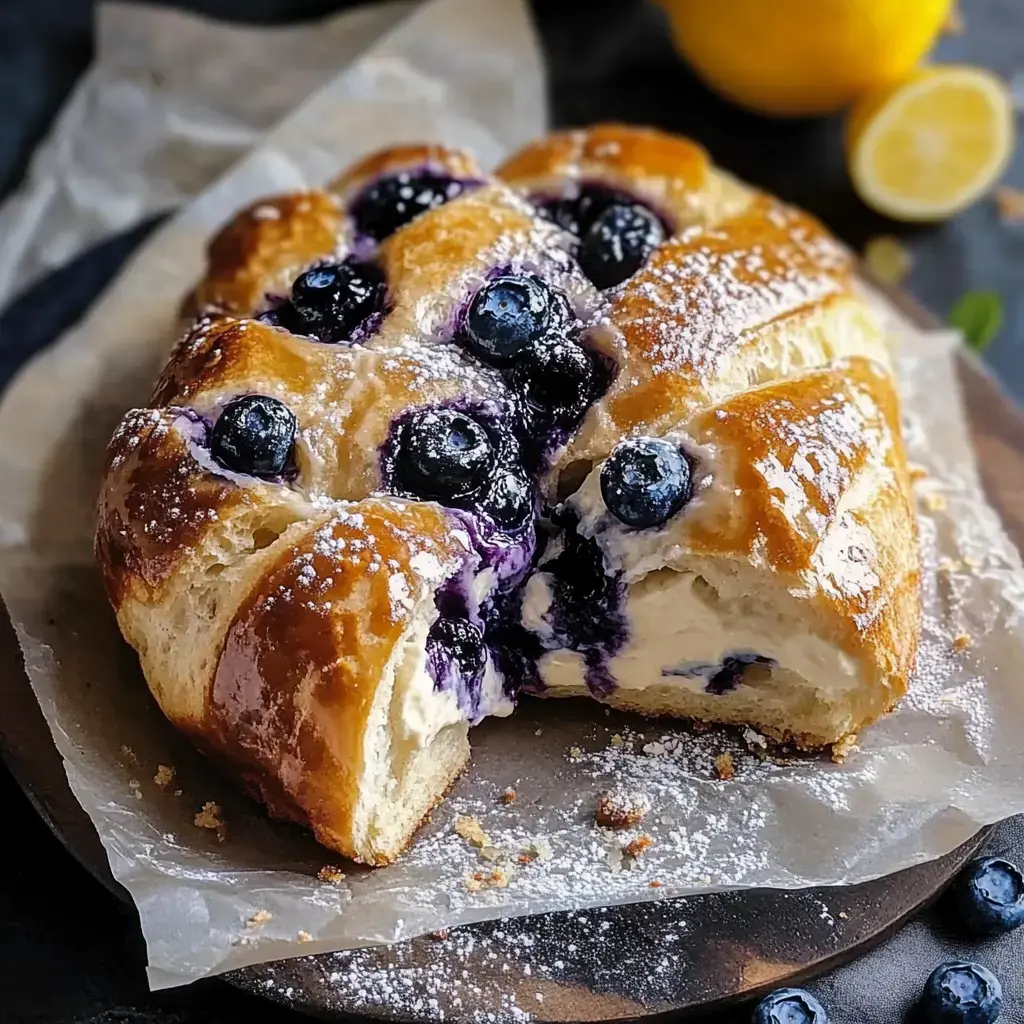Golden loaf with blueberries inside, topped with powdered sugar and resting on parchment paper near a fresh lemon.