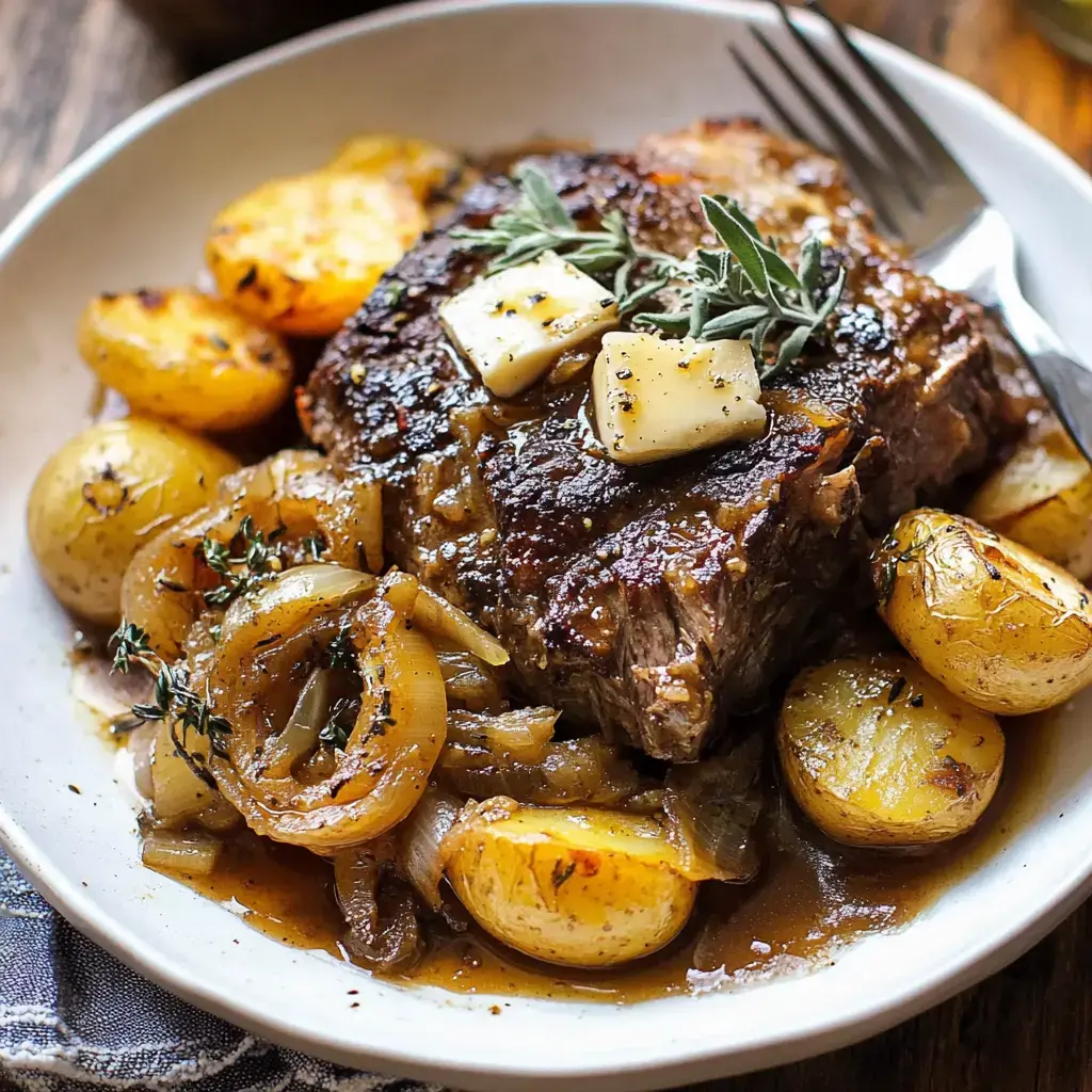 A rich beef roast surrounded by golden roasted potatoes and deglazed onions, garnished with sage butter.