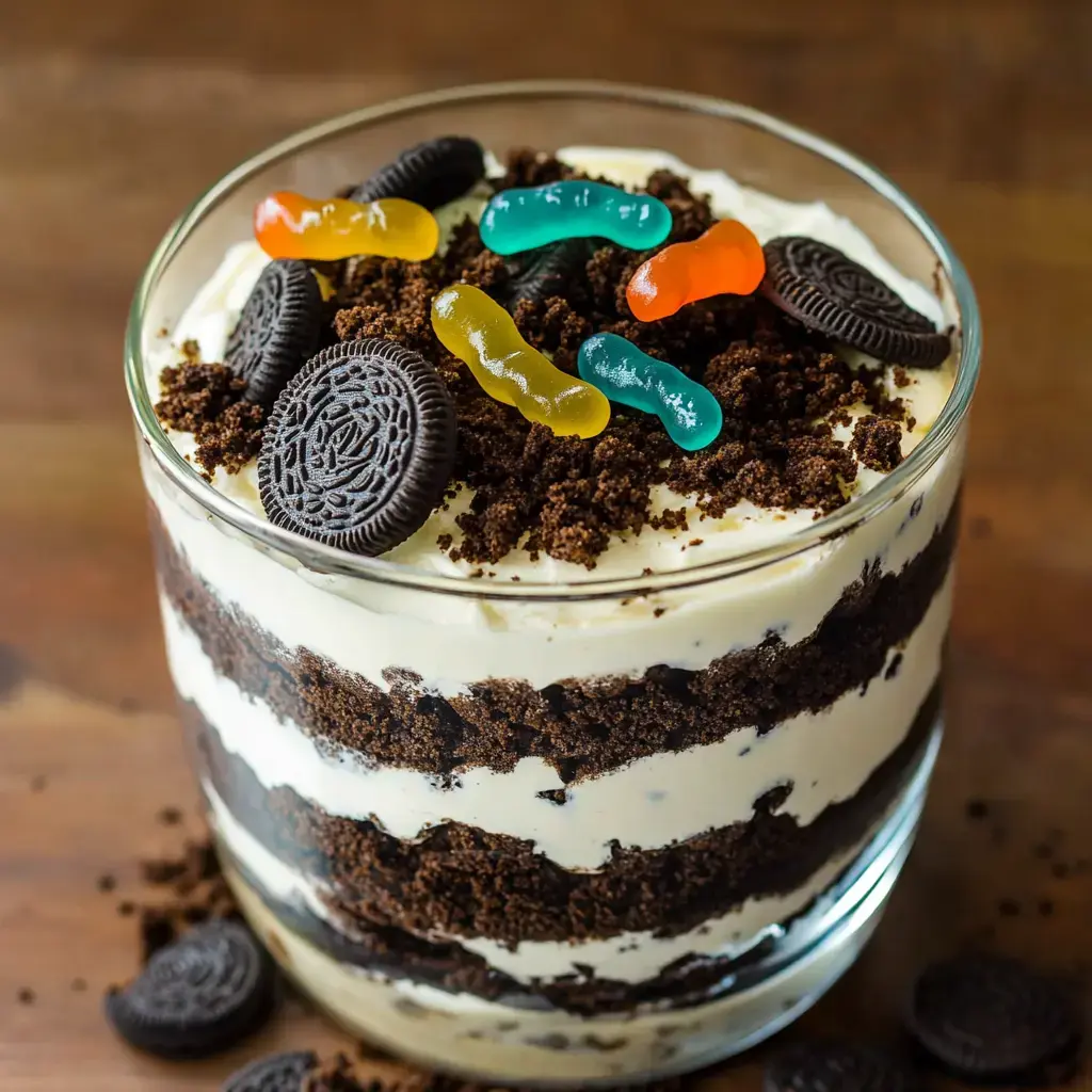 A layered treat in a clear bowl shows chocolate crumbs, creamy filling, and gummy worms on top.