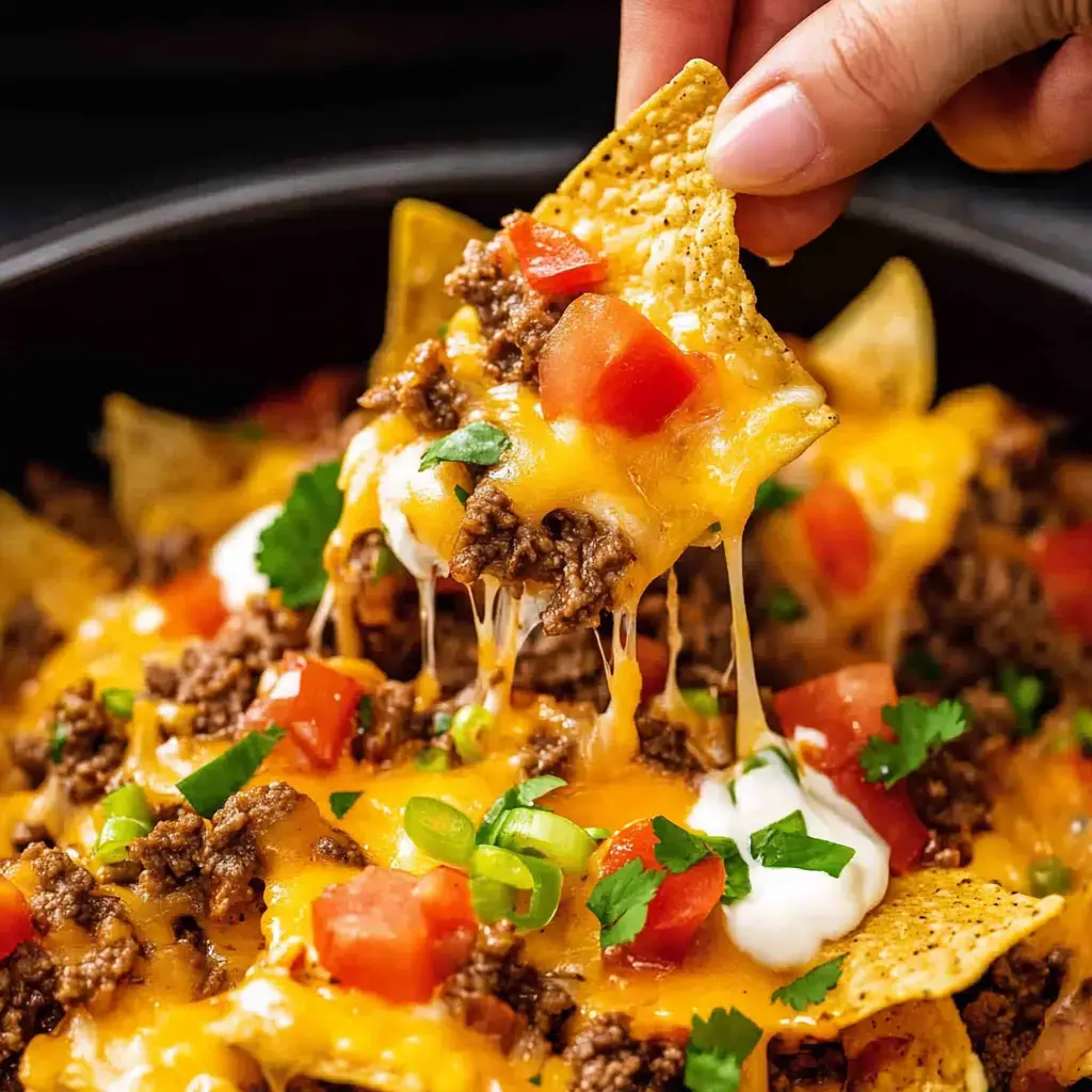 A plate of loaded nachos with melted cheese, seasoned beef, and diced veggies, with a hand grabbing one chip.