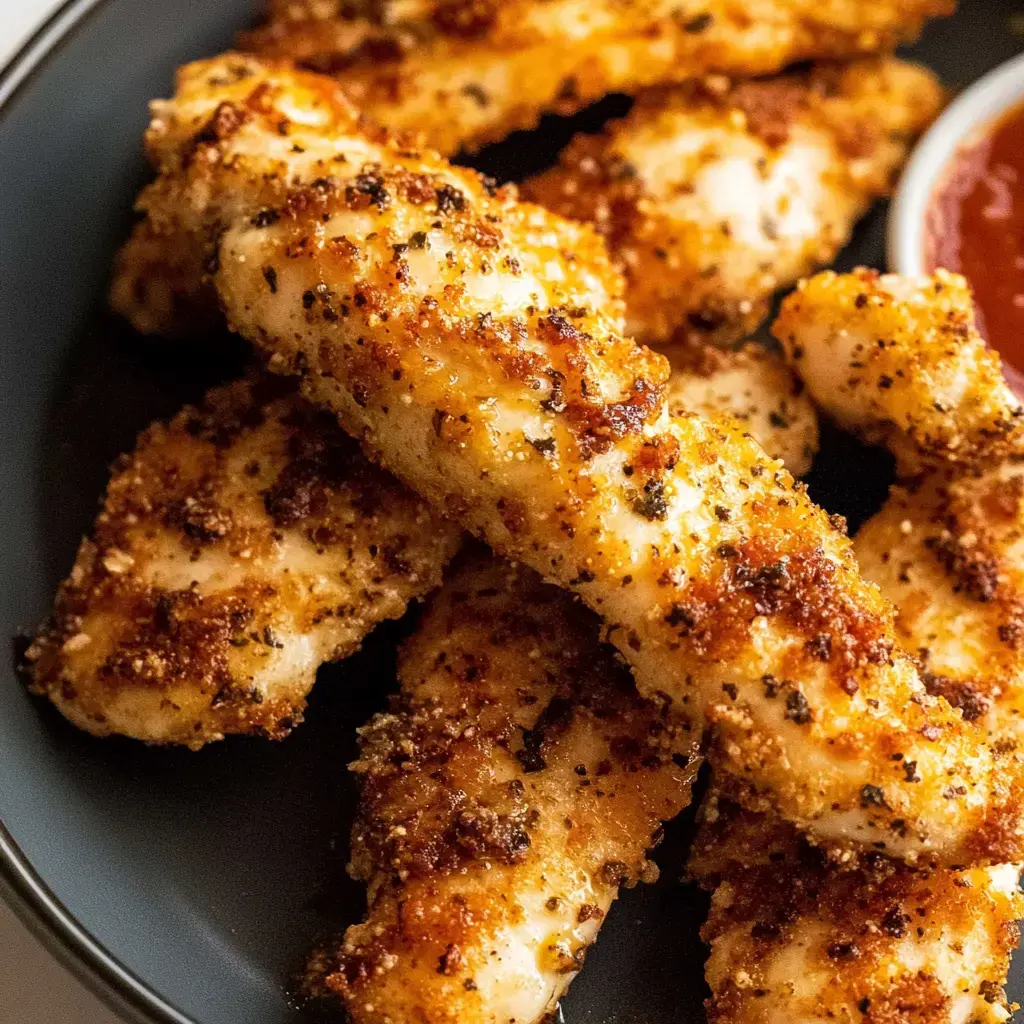 Golden, crispy chicken strips served with dipping sauce on the side.
