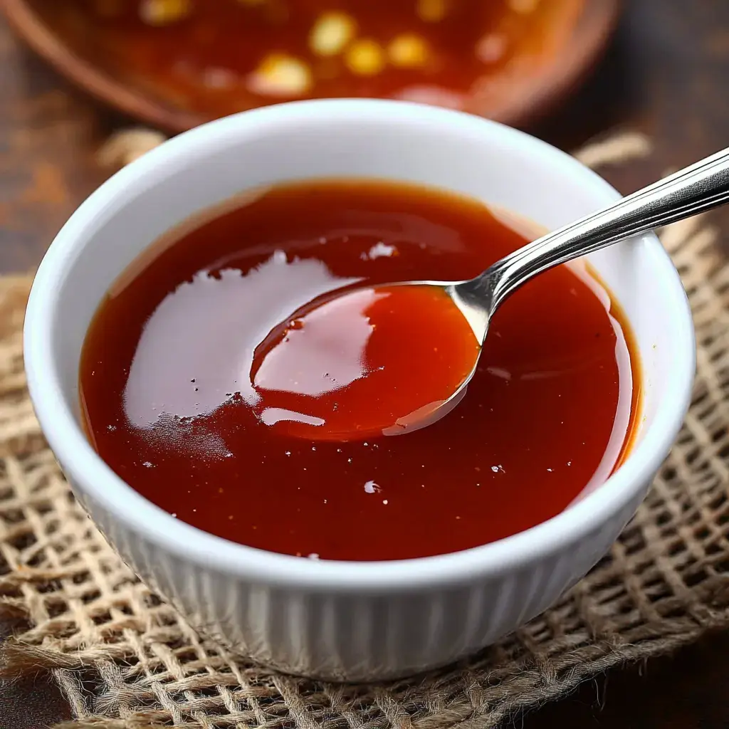 A shiny red sauce in a white bowl with a silver spoon, set on a textured brown surface.