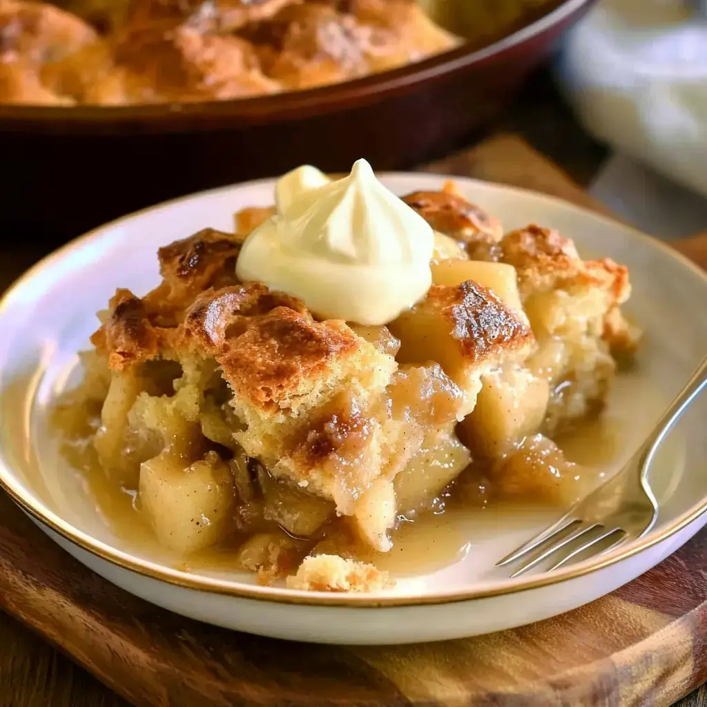 Warm apple dessert with cream on a white plate, ready to enjoy.