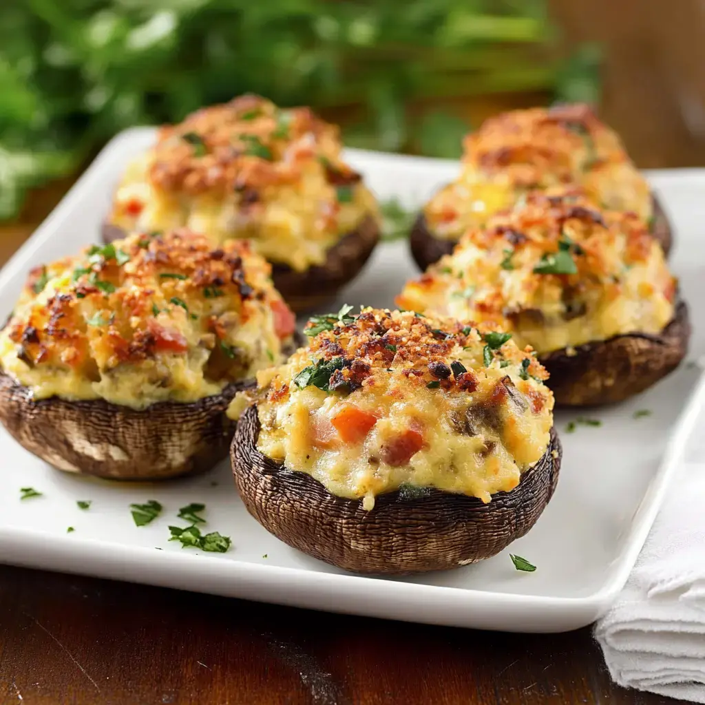Golden brown stuffed mushrooms garnished with chopped parsley on a white plate.