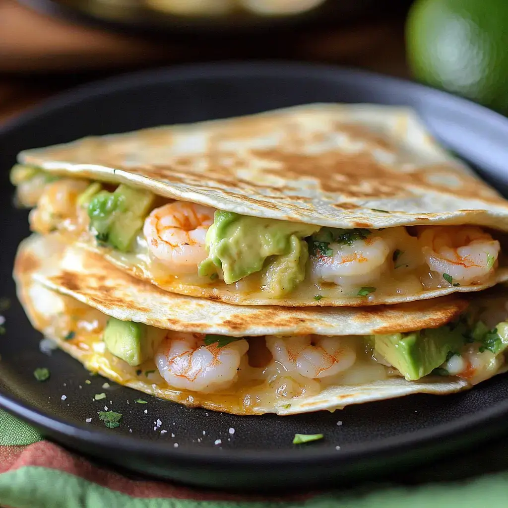 Two shrimp wraps stacked on a black plate. They’re packed with melty cheese and avocado.
