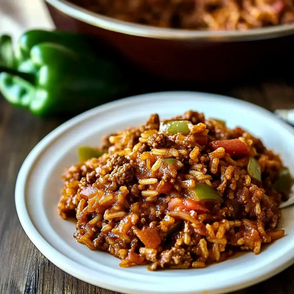 A flavorful beef and rice dish with peppers and tomatoes served on a plate, surrounded by fresh bell peppers and a skillet of the dish.