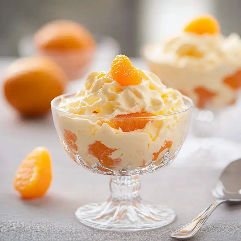 A glass dish with soft whipped cream, orange slices, and a wedge of fresh orange on top, near whole oranges.