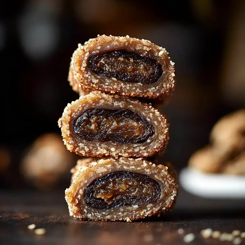Three sweet date-filled cookies stacked and coated lightly with sugar, shown under soft focus.