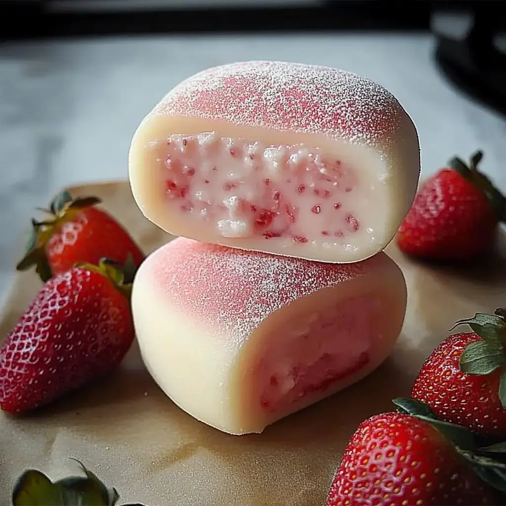 Up-close view of pink chewy mochi with creamy strawberry filling, surrounded by fresh strawberries.