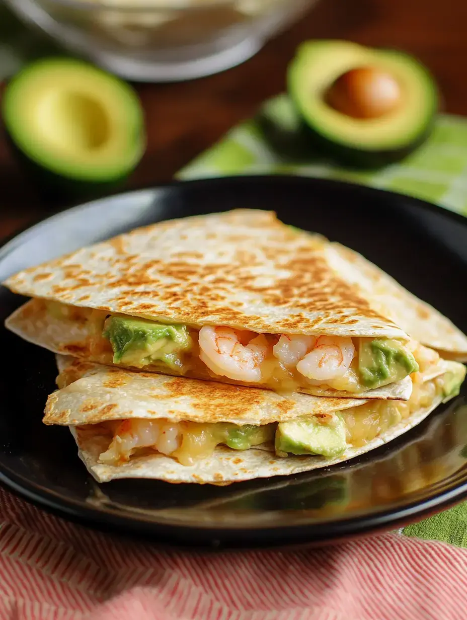 Two stuffed quesadillas with shrimp and avocado sitting on a dark plate, with fresh cut avocados visible behind them.