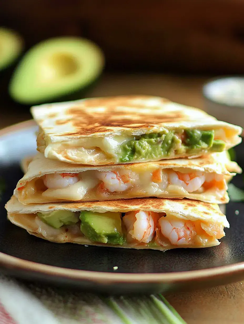 Three quesadillas piled up showing the shrimp and avocado filling, placed on a dark dish with avocado halves out of focus behind them.