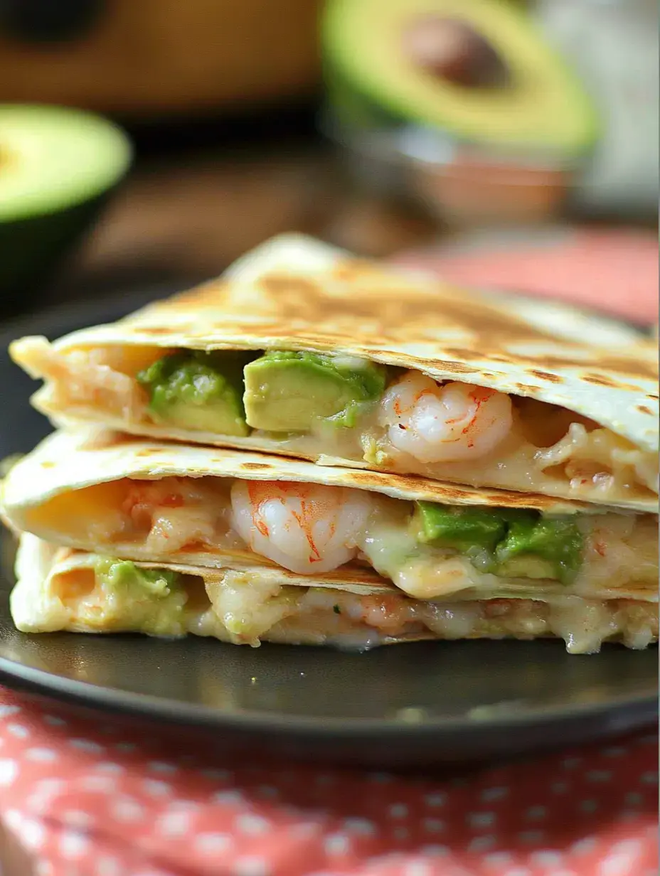 Two quesadillas stacked together showing their shrimp and avocado filling, served on a black dish with a blurry avocado half in the background.