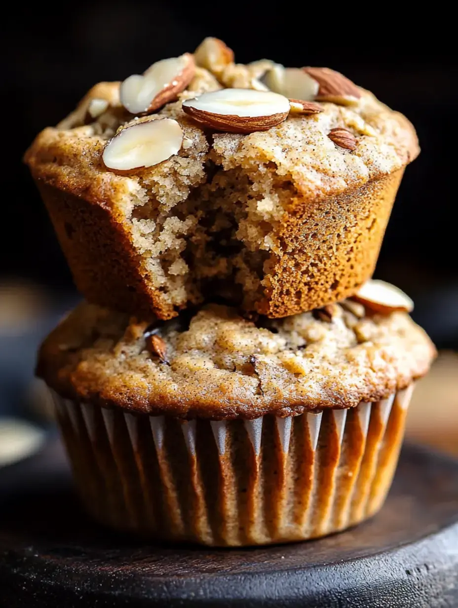 Two muffins with almond toppings stacked on a wooden surface, with one partially eaten.