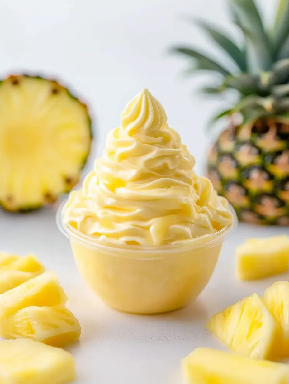 A whipped pineapple frozen treat sits in a serving cup, with juicy pineapple chunks and a whole uncut pineapple displayed nearby.
