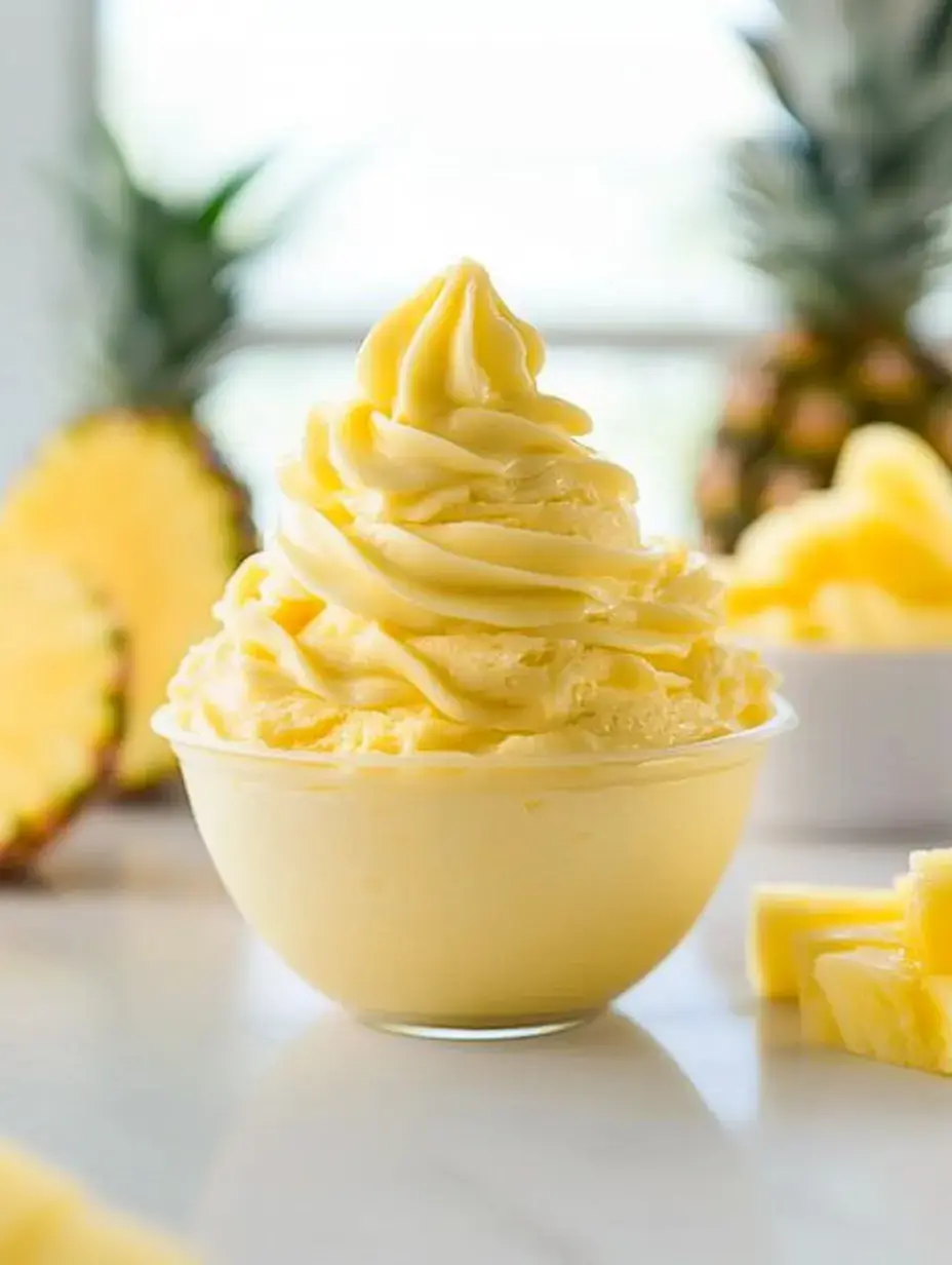 A golden yellow soft serve swirl sits in a see-through dish surrounded by cut pineapple pieces with a whole fruit positioned in the background.