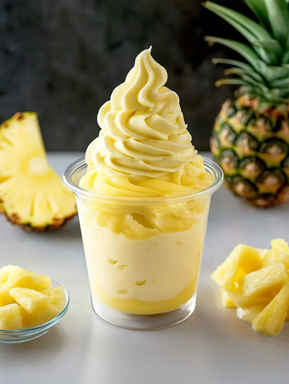 A frozen pineapple dessert with perfectly swirled peaks fills a cup with juicy pineapple wedges arranged beside it.
