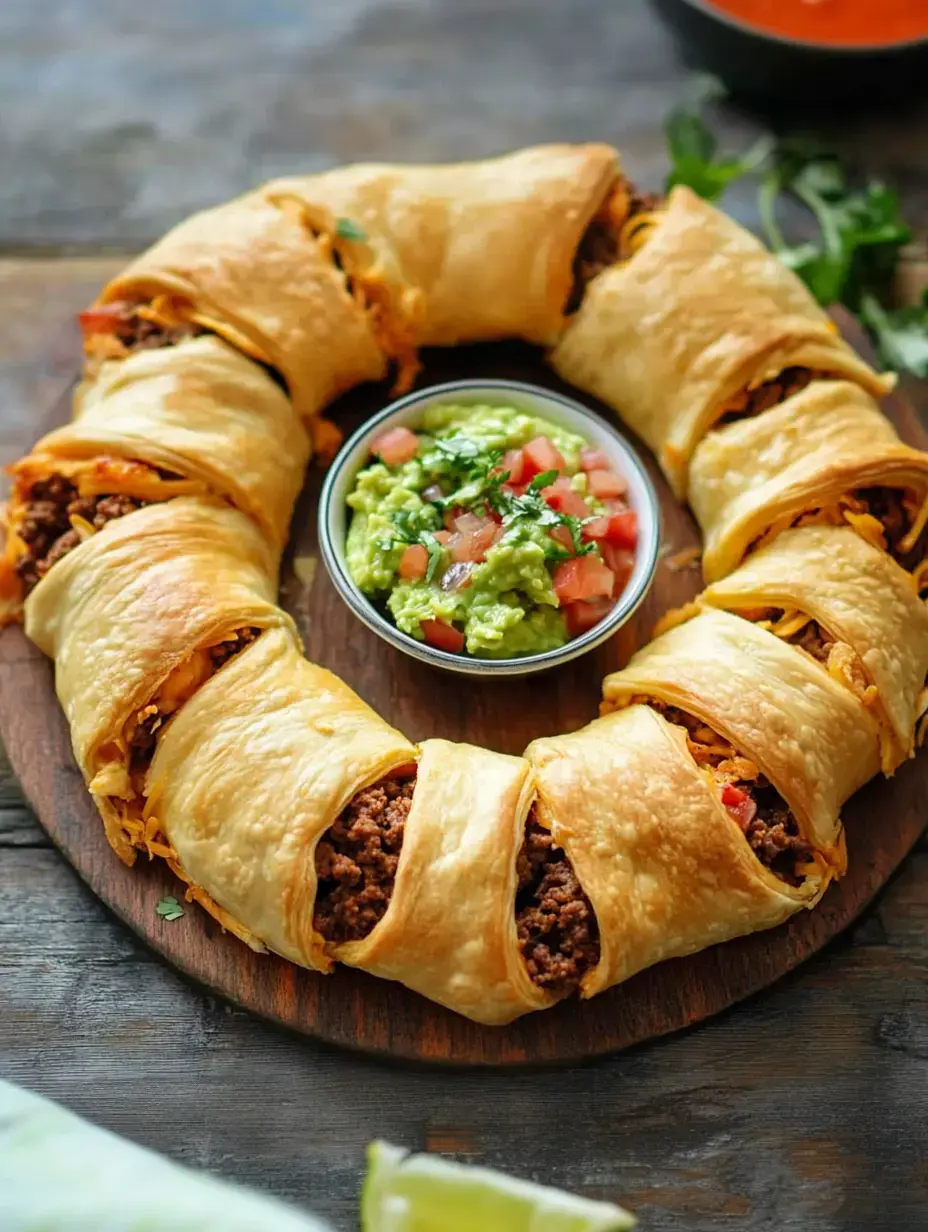 A circular arrangement of baked dough filled with beef, cheese, and vegetables, served alongside a bowl of guacamole and pico de gallo.