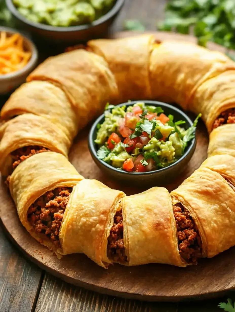 A circular arrangement of golden-brown pastry filled with seasoned meat, served alongside bowls of guacamole, diced tomatoes, and shredded cheese.