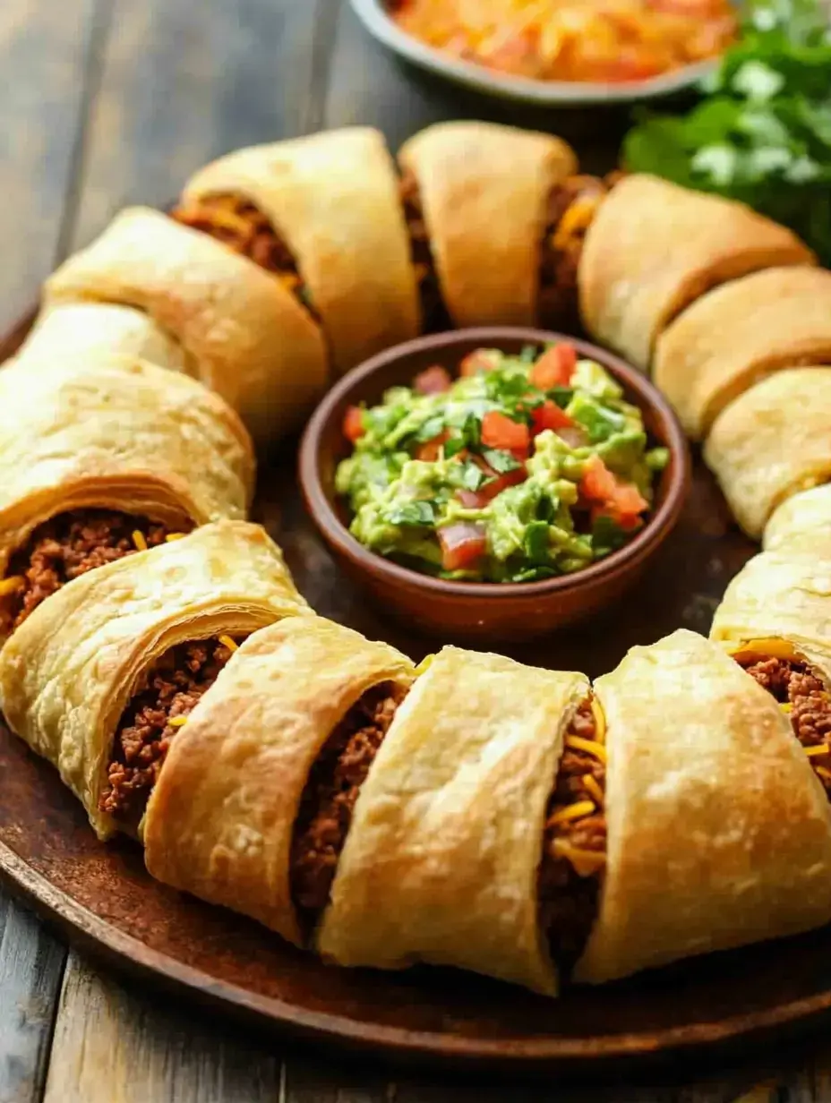 A round platter features crescent-shaped pastries filled with meat and cheese, accompanied by a bowl of guacamole and salsa.