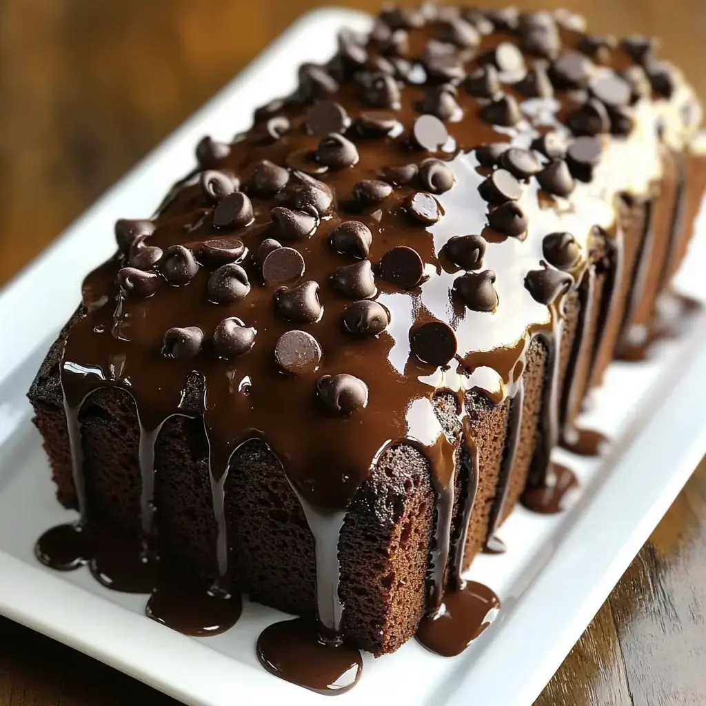 A rich chocolate loaf topped with shiny fudge glaze and chocolate chips on a white plate.