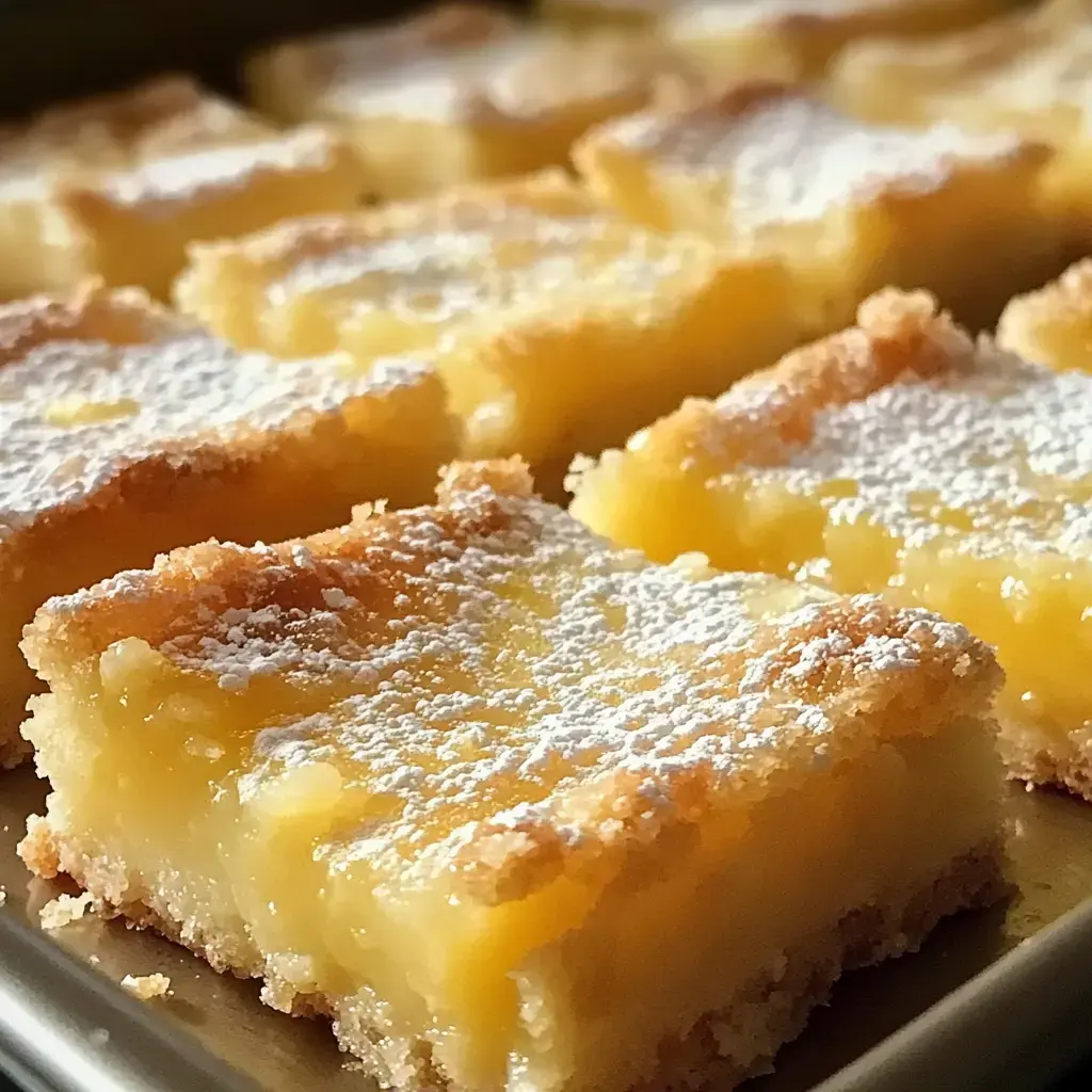 Close-up view of golden-brown bars topped with powdered sugar in a tray, ready to serve.