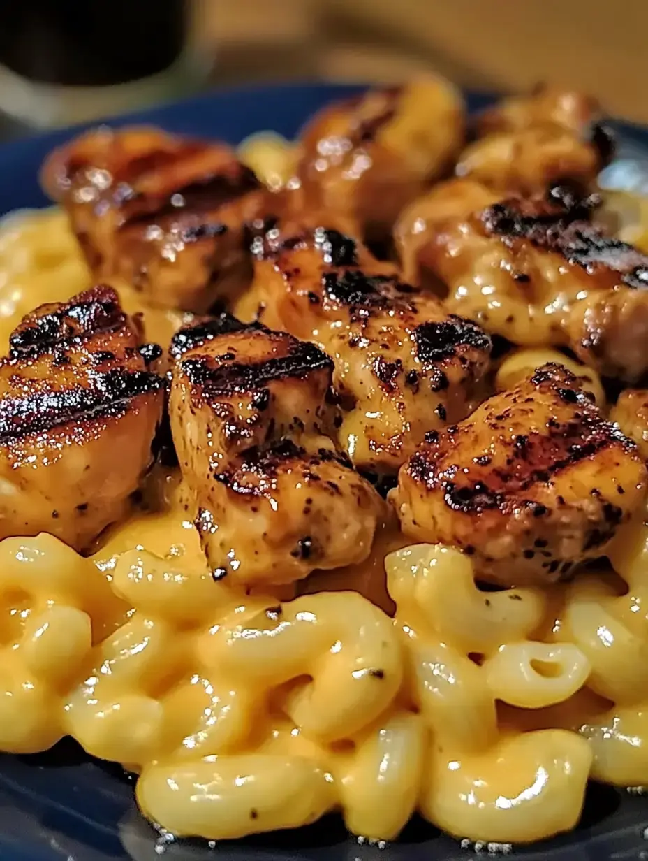 Mac and cheese served with sliced grilled chicken on top.