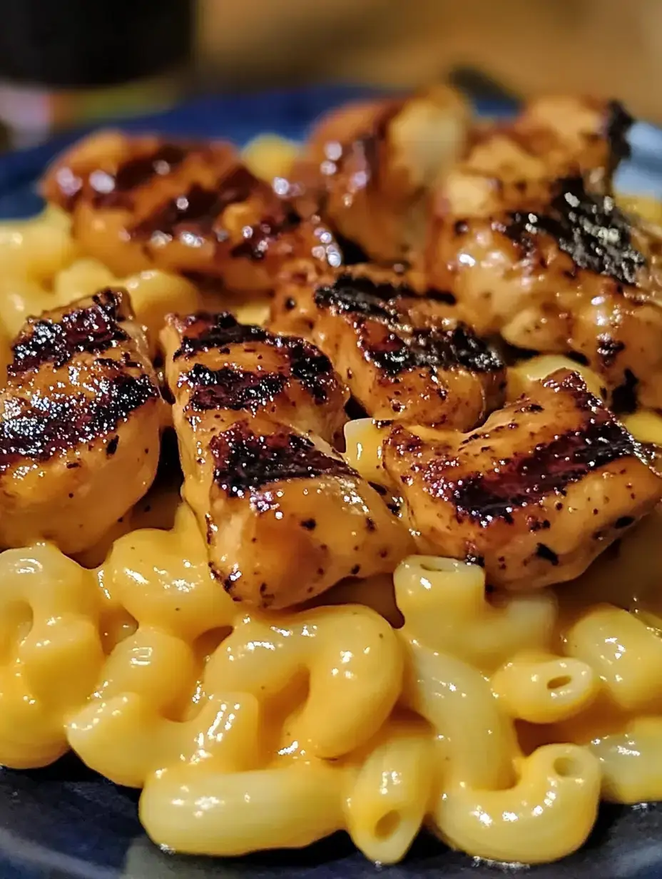 Creamy pasta topped with sliced grilled chicken pieces.
