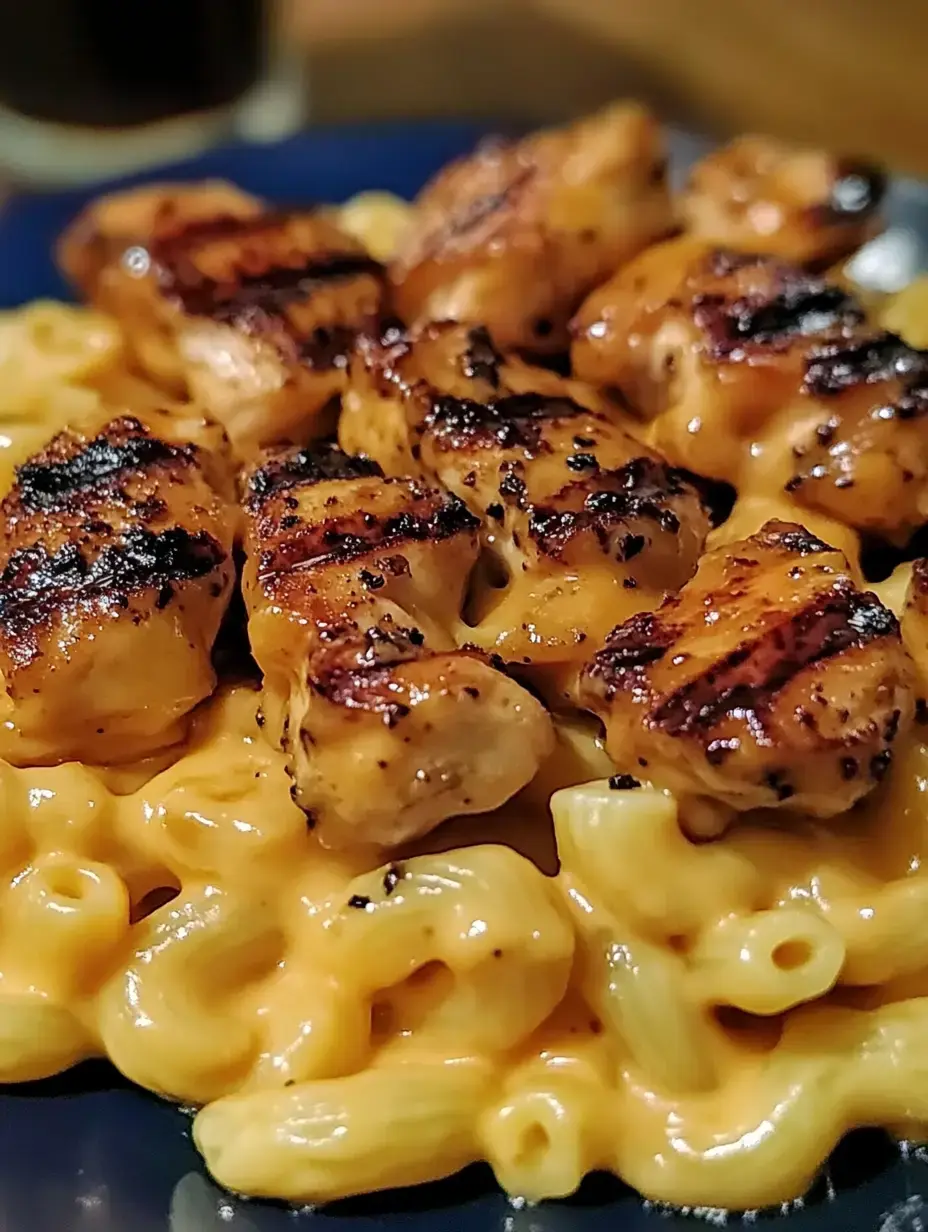 Mac and cheese with pieces of grilled chicken served on top.