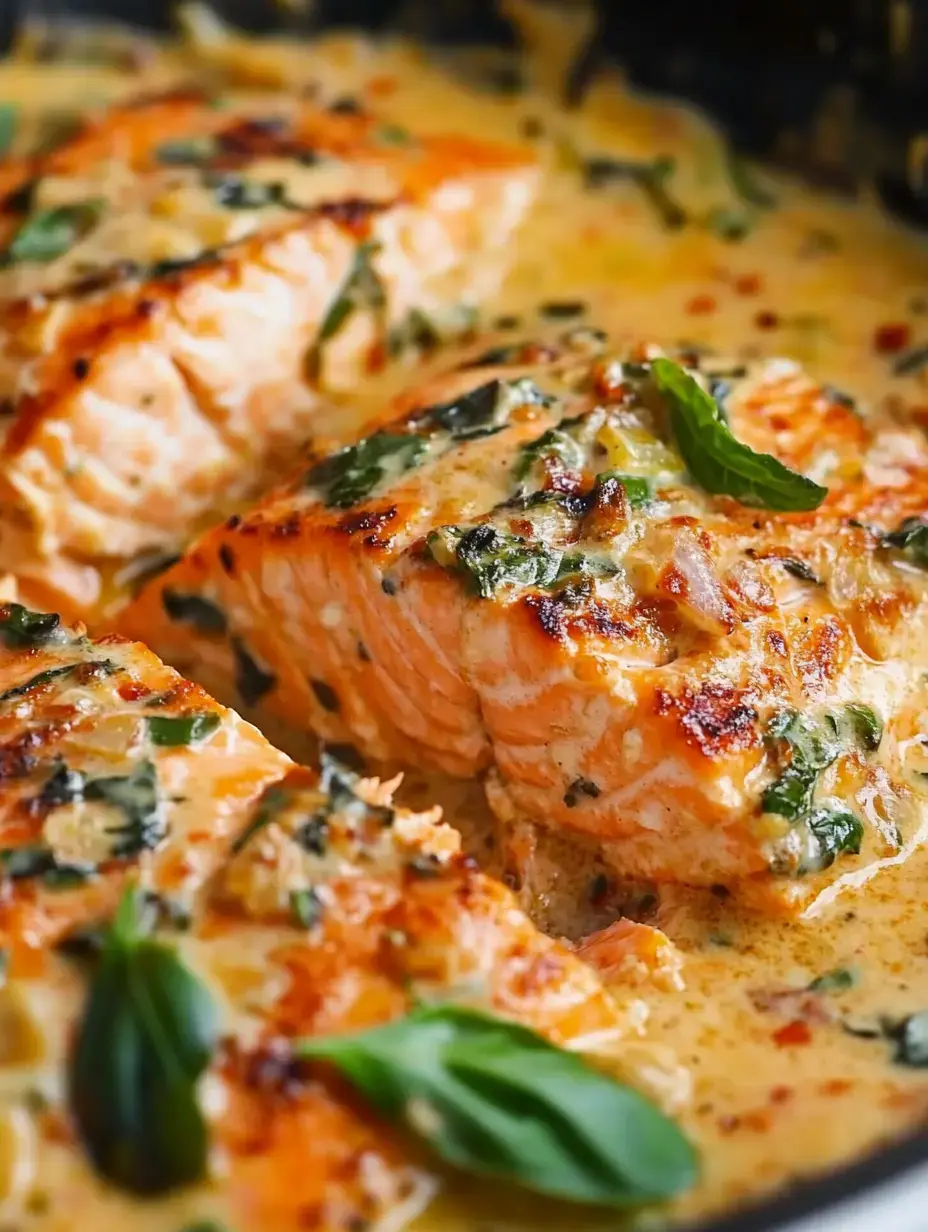A close-up of salmon fillets cooked to perfection in creamy sauce with fresh basil garnish on top.